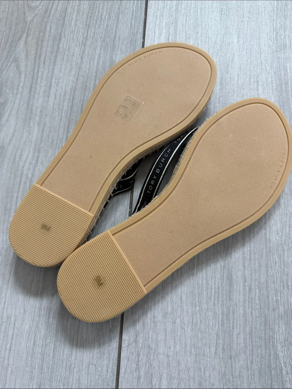 Tory Burch Women's Tory Ribbon Thong Espadrilles, Perfect Black/ New Cream Sz 9